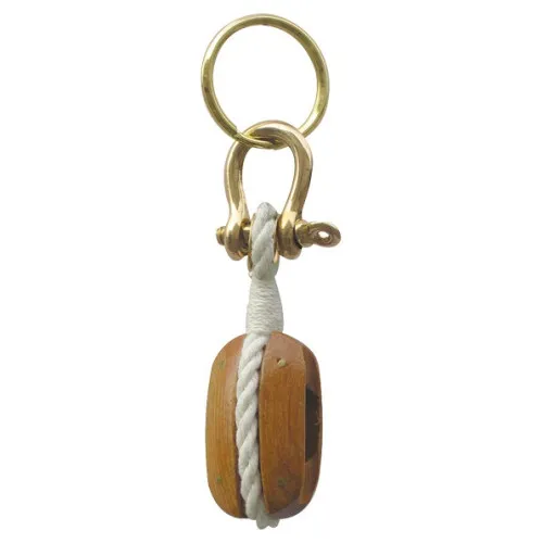 Blockrolle-Schlüsselanhänger aus Holz/Messing/Tauwerk 3 x 9,5 cm