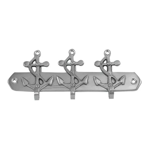 Schlüsselhaken mit 3 Ankern Wandhaken aus Messing vernickelt 15,5 x 6,5 cm