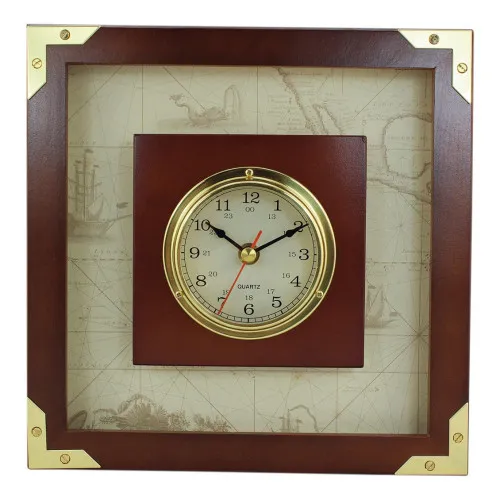 Uhr im Holzrahmen Nautik aus Messing 24 cm