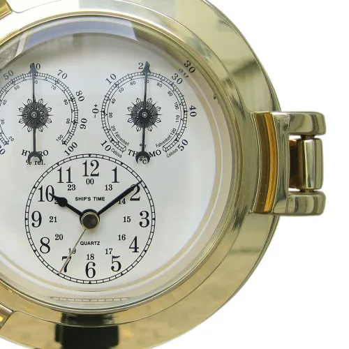 Uhr, Thermo- & Hygrometer im Bullauge in Nahaufnahme
