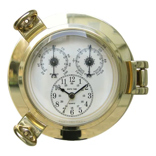 Uhr, Thermo- & Hygrometer im Bullauge Nautik aus Messing