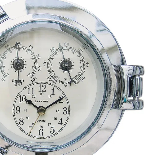 Uhr, Thermo- & Hygrometer im Bullauge in Nahaufnahme