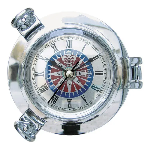 Bullaugen-Uhr mit Windrosenzifferblatt Nautik aus Messing verchromt