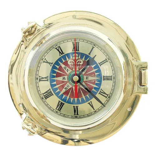 Bullaugen-Uhr mit Windrosenzifferblatt Nautik aus Messing