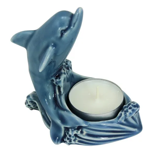 Teelicht - Delfin aus Steingut lackiert 9 x 10 cm blau