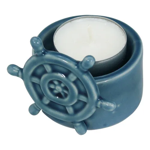 Teelicht - Steuerrad aus Steingut lackiert 7 cm blau
