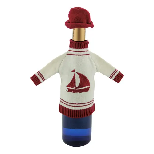 Flaschenpulli mit Mütze - Boot aus Baumwolle 18 cm beige/rot