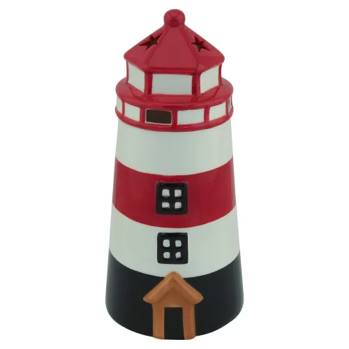 Leuchtturm mit Teelicht aus Keramik 23,5 cm rot