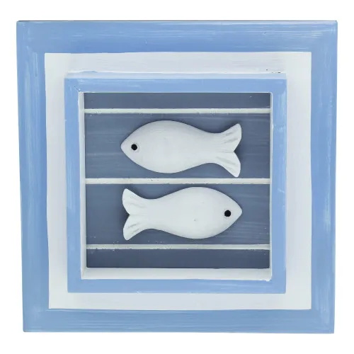 Fische im Rahmen Bild aus Holz 19,5 x 19 cm weiß/hellblau