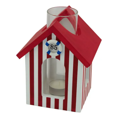 Teelicht-Strandkabine Kerzenhalter aus Holz/Glas 13 x 11 cm rot/weiß