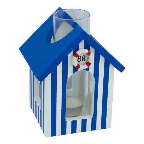 Teelicht-Strandkabine Kerzenhalter aus Holz/Glas 13 x 11 cm blau/weiß