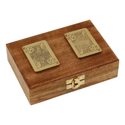 Spielkarten in Holzbox Kartenspiel aus Mango-Holz/Messing 15 x 11,5 cm