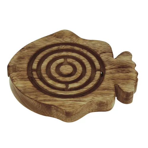 Labyrinth-Spiel - Fisch aus Mango-Holz/Messing 12,5 x 10,5 cm