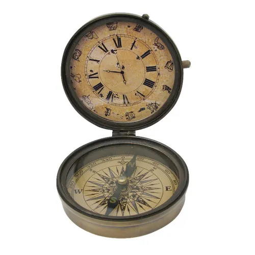 Kompass mit Uhr aus Messing antik 3,5 cm
