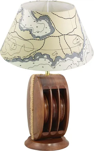 Lampe - Blockrolle Kartenoptik Schirmlampe aus Holz/Messing/Tau 52 cm