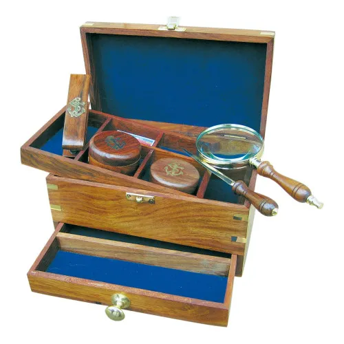 Schreibtisch-Set in der Box aus Holz/Messing/Glas 22 x 12 cm