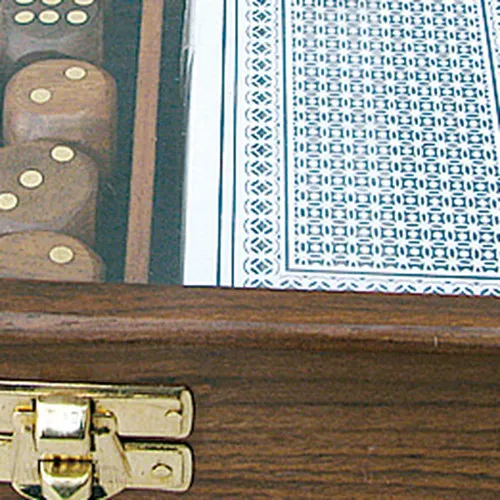 Karten & Würfel in Holzbox mit Glasdeckel – weitere Ansicht