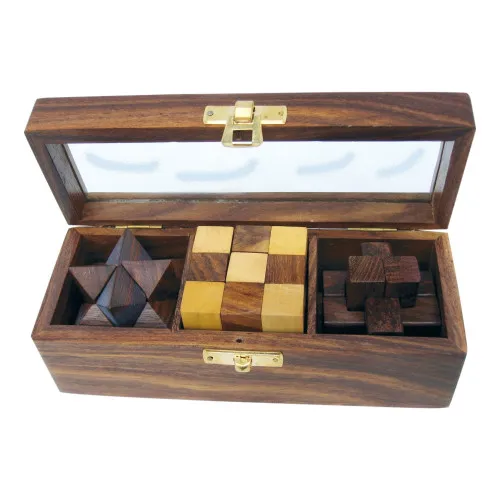 3 Knobelspiele in Holzbox mit Glasdeckel 17,5 x 6,5 cm