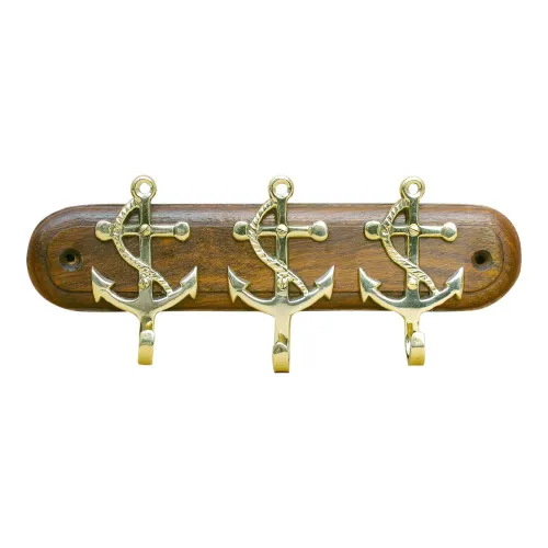Schlüsselhaken - 3 Anker Wandhaken aus Messing/Holz 18 x 7 cm
