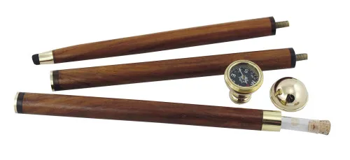Spazierstock mit Kompaß & Glasröhrchen in Nahaufnahme