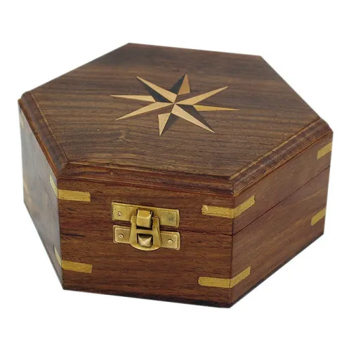 Holzbox mit Windrose-Inlay Schatulle 16 x 14 cm