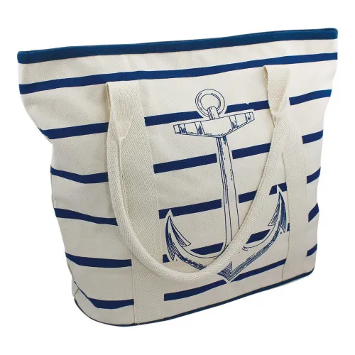 Strandtasche / Handtasche mit Anker-Motiv Tragetasche aus Baumwolle 37 x 39 cm beige/blau
