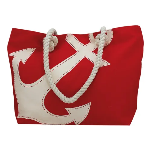 Strandtasche / Handtasche mit Anker-Motiv Tragetasche aus Baumwolle 50 x 12 cm rot/beige