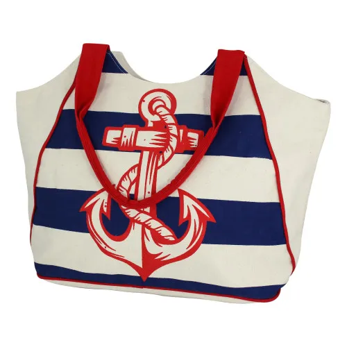 Strandtasche / Handtasche mit Anker-Motiv Tragetasche aus Baumwolle 52 x 32 cm beige/blau/rot