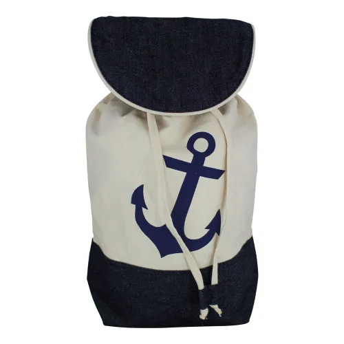 Strandbeutel / Rucksack mit Anker-Motiv Tragetasche aus Baumwolle 35 x 43 cm blau/beige
