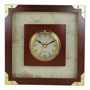 Uhr im Holzrahmen Nautik aus Messing 24 cm