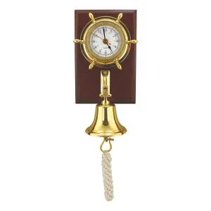 Uhr & Glocke auf Holzbrett Nautik aus Messing/Holz 15 x 22,5 cm