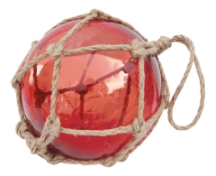 Fischerkugel aus Glas mundgeblasen Durchmesser 7,5cm mit Hanfnetz Rot 